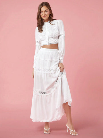 Enchnt Women Solid Color High Waist Contrast Lace Long Skirt Enchnt Women Solid Color High Waist Contrast Lace Long Skirt