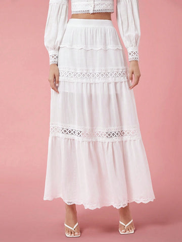 Enchnt Women Solid Color High Waist Contrast Lace Long Skirt Enchnt Women Solid Color High Waist Contrast Lace Long Skirt