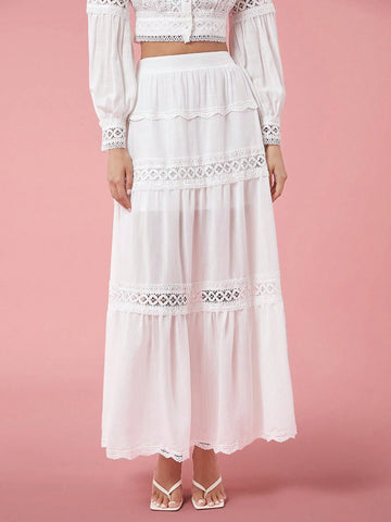 Enchnt Women Solid Color High Waist Contrast Lace Long Skirt Enchnt Women Solid Color High Waist Contrast Lace Long Skirt