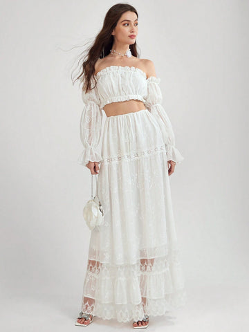 Enchnt Women's Summer Elegant Solid Color Embroidered Extra Long Skirt Enchnt Women's Summer Elegant Solid Color Embroidered Extra Long Skirt