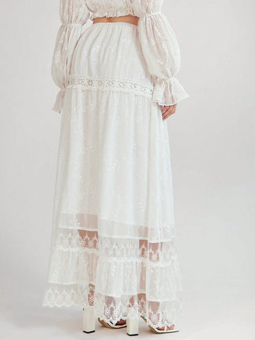 Enchnt Women's Summer Elegant Solid Color Embroidered Extra Long Skirt Enchnt Women's Summer Elegant Solid Color Embroidered Extra Long Skirt