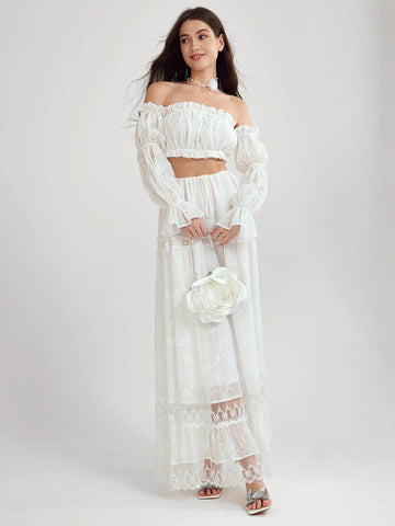 Enchnt Women's Summer Elegant Solid Color Embroidered Extra Long Skirt Enchnt Women's Summer Elegant Solid Color Embroidered Extra Long Skirt