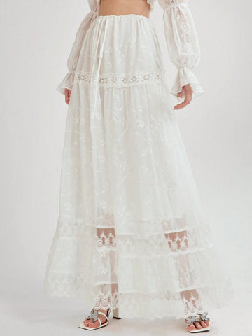 Enchnt Women's Summer Elegant Solid Color Embroidered Extra Long Skirt Enchnt Women's Summer Elegant Solid Color Embroidered Extra Long Skirt