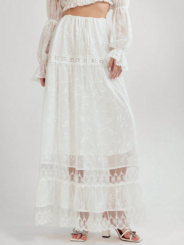 Enchnt Women's Summer Elegant Solid Color Embroidered Extra Long Skirt Enchnt Women's Summer Elegant Solid Color Embroidered Extra Long Skirt