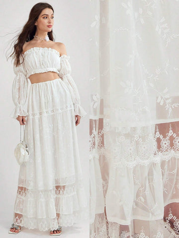 Enchnt Women's Summer Elegant Solid Color Embroidered Extra Long Skirt Enchnt Women's Summer Elegant Solid Color Embroidered Extra Long Skirt