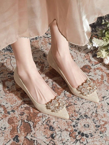 Women, Chunky Heel Apricot Color Crystal Buckle Women, Chunky Heel Apricot Color Crystal Buckle