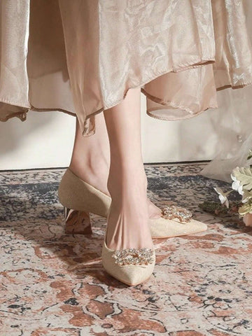 Women, Chunky Heel Apricot Color Crystal Buckle Women, Chunky Heel Apricot Color Crystal Buckle