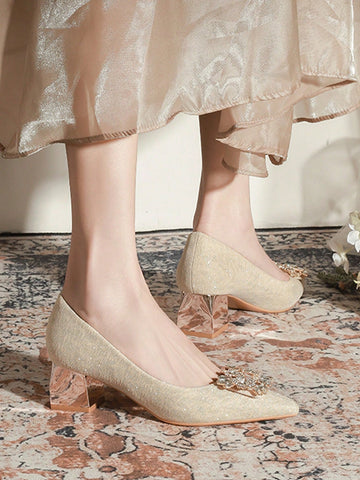 Women, Chunky Heel Apricot Color Crystal Buckle Women, Chunky Heel Apricot Color Crystal Buckle