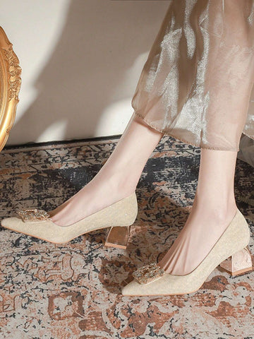 Women, Chunky Heel Apricot Color Crystal Buckle Women, Chunky Heel Apricot Color Crystal Buckle