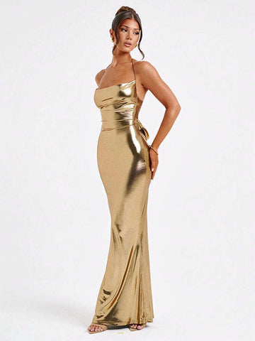 European & American Style New Sexy Plunging Backless Halter Patchwork Fitted Dress European & American Style New Sexy Plunging Backless Halter Patchwork Fitted Dress