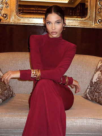 European & American Style Women's High Neck Long Sleeve Padded Shoulder Ruched Mermaid Hem Dress, Party Gown European & American Style Women's High Neck Long Sleeve Padded Shoulder Ruched Mermaid Hem Dress, Party Gown