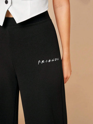 Ladies' Casual Alphabet And Character Printed Button-Front Tank Top With Straight Pants Set Ladies' Casual Alphabet And Character Printed Button-Front Tank Top With Straight Pants Set