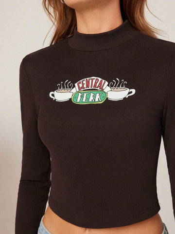 Women Casual Letter And Coffee Graphic Print Fitted Long Sleeve T-Shirt, Autumn Women Casual Letter And Coffee Graphic Print Fitted Long Sleeve T-Shirt, Autumn