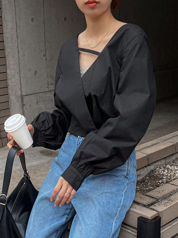 1pc Women Casual Solid Color Lantern Sleeve Wrap Shirt, Autumn 1pc Women Casual Solid Color Lantern Sleeve Wrap Shirt, Autumn