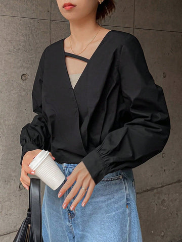1pc Women Casual Solid Color Lantern Sleeve Wrap Shirt, Autumn 1pc Women Casual Solid Color Lantern Sleeve Wrap Shirt, Autumn