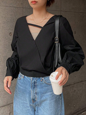 1pc Women Casual Solid Color Lantern Sleeve Wrap Shirt, Autumn 1pc Women Casual Solid Color Lantern Sleeve Wrap Shirt, Autumn