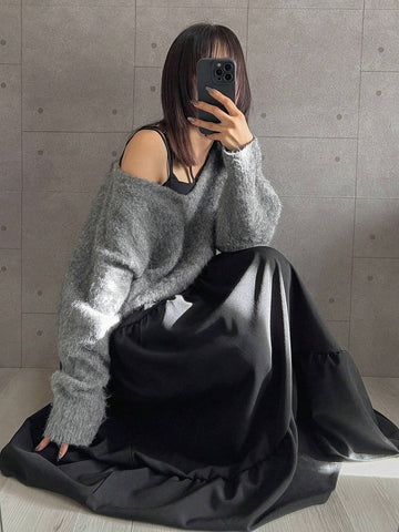 FRIFUL 2pcs Women Solid Color Long Sleeve Casual Simple Fashionable Daily Skirt Set FRIFUL 2pcs Women Solid Color Long Sleeve Casual Simple Fashionable Daily Skirt Set