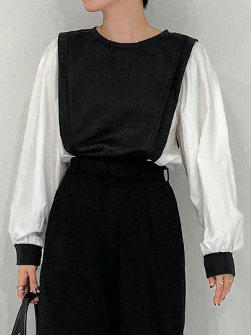 Women Casual Color-Block Splice Faux Two-Piece Shirt, Autumn Women Casual Color-Block Splice Faux Two-Piece Shirt, Autumn