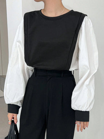 Women Casual Color-Block Splice Faux Two-Piece Shirt, Autumn Women Casual Color-Block Splice Faux Two-Piece Shirt, Autumn