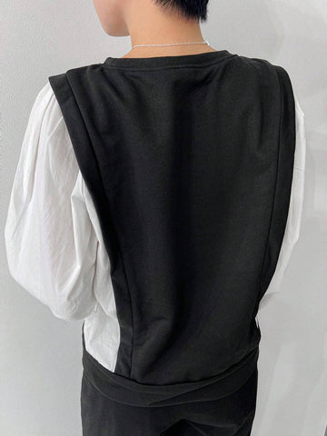 Women Casual Color-Block Splice Faux Two-Piece Shirt, Autumn Women Casual Color-Block Splice Faux Two-Piece Shirt, Autumn