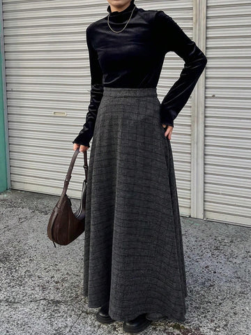 FRIFUL Women's Autumn/Winter Textured Plaid A-Line Skirt FRIFUL Women's Autumn/Winter Textured Plaid A-Line Skirt