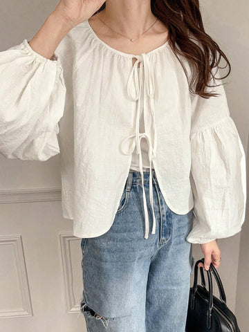 FRIFUL Women's Bow-Tie Loose Short Linen Shirt FRIFUL Women's Bow-Tie Loose Short Linen Shirt
