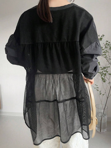FRIFUL Women's Casual Mesh Patchwork Loose Fit Blouse For Autumn FRIFUL Women's Casual Mesh Patchwork Loose Fit Blouse For Autumn