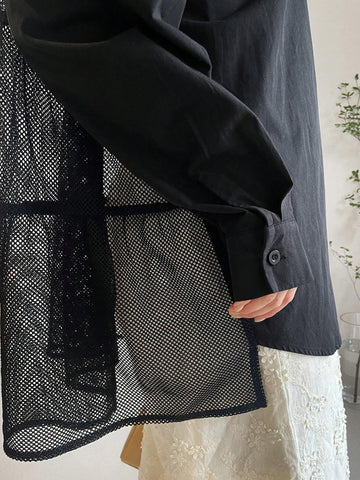 FRIFUL Women's Casual Mesh Patchwork Loose Fit Blouse For Autumn FRIFUL Women's Casual Mesh Patchwork Loose Fit Blouse For Autumn