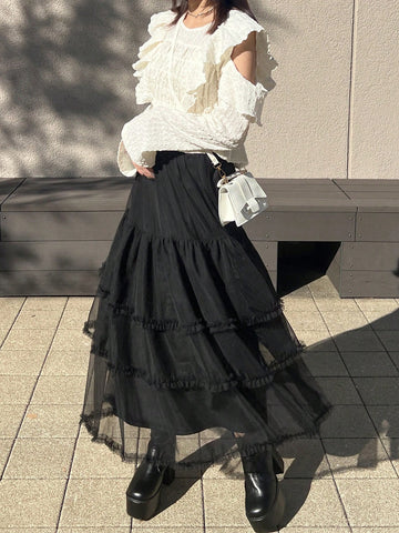 FRIFUL Women's Casual Minimalist Style Tulle Skirt, For Daily Wear FRIFUL Women's Casual Minimalist Style Tulle Skirt, For Daily Wear