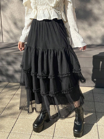 FRIFUL Women's Casual Minimalist Style Tulle Skirt, For Daily Wear FRIFUL Women's Casual Minimalist Style Tulle Skirt, For Daily Wear