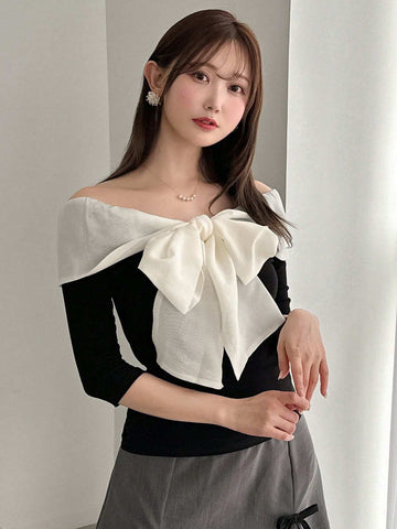 Women's Elegant Color Block Off Shoulder Bow Decorated Slim Fit T-Shirt, Spring/Summer Women's Elegant Color Block Off Shoulder Bow Decorated Slim Fit T-Shirt, Spring/Summer