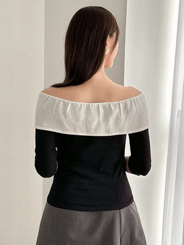 Women's Elegant Color Block Off Shoulder Bow Decorated Slim Fit T-Shirt, Spring/Summer Women's Elegant Color Block Off Shoulder Bow Decorated Slim Fit T-Shirt, Spring/Summer