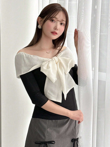 Women's Elegant Color Block Off Shoulder Bow Decorated Slim Fit T-Shirt, Spring/Summer Women's Elegant Color Block Off Shoulder Bow Decorated Slim Fit T-Shirt, Spring/Summer