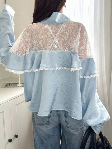 FRIFUL Women's Lace Patchwork Faux Two Pieces Bow Tie Ruffle Hem Blue Shirt Blouse FRIFUL Women's Lace Patchwork Faux Two Pieces Bow Tie Ruffle Hem Blue Shirt Blouse