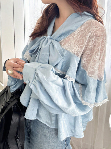 FRIFUL Women's Lace Patchwork Faux Two Pieces Bow Tie Ruffle Hem Blue Shirt Blouse FRIFUL Women's Lace Patchwork Faux Two Pieces Bow Tie Ruffle Hem Blue Shirt Blouse