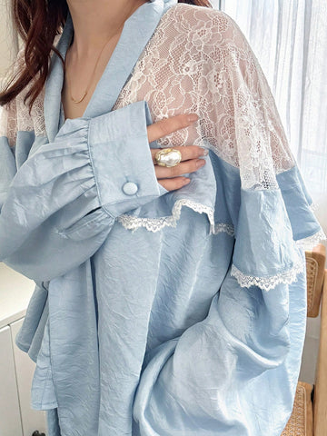 FRIFUL Women's Lace Patchwork Faux Two Pieces Bow Tie Ruffle Hem Blue Shirt Blouse FRIFUL Women's Lace Patchwork Faux Two Pieces Bow Tie Ruffle Hem Blue Shirt Blouse