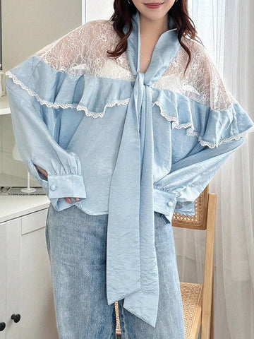 FRIFUL Women's Lace Patchwork Faux Two Pieces Bow Tie Ruffle Hem Blue Shirt Blouse FRIFUL Women's Lace Patchwork Faux Two Pieces Bow Tie Ruffle Hem Blue Shirt Blouse