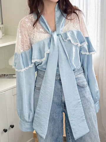 FRIFUL Women's Lace Patchwork Faux Two Pieces Bow Tie Ruffle Hem Blue Shirt Blouse FRIFUL Women's Lace Patchwork Faux Two Pieces Bow Tie Ruffle Hem Blue Shirt Blouse