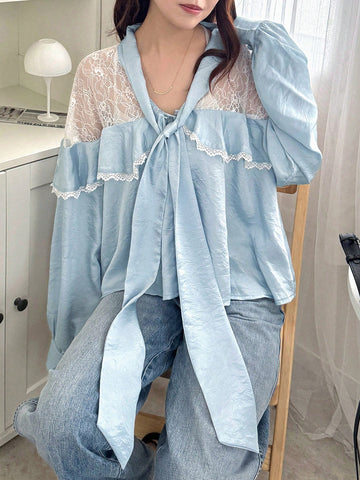 FRIFUL Women's Lace Patchwork Faux Two Pieces Bow Tie Ruffle Hem Blue Shirt Blouse FRIFUL Women's Lace Patchwork Faux Two Pieces Bow Tie Ruffle Hem Blue Shirt Blouse