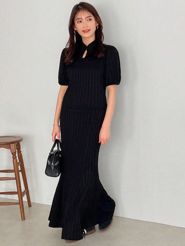 FRIFUL Women's Mandarin Collar Short Bubble Sleeve Top And Mermaid Hem Skirt Set FRIFUL Women's Mandarin Collar Short Bubble Sleeve Top And Mermaid Hem Skirt Set