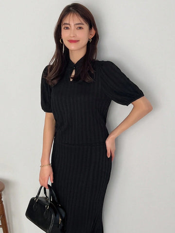 FRIFUL Women's Mandarin Collar Short Bubble Sleeve Top And Mermaid Hem Skirt Set FRIFUL Women's Mandarin Collar Short Bubble Sleeve Top And Mermaid Hem Skirt Set