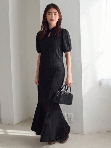 FRIFUL Women's Mandarin Collar Short Bubble Sleeve Top And Mermaid Hem Skirt Set FRIFUL Women's Mandarin Collar Short Bubble Sleeve Top And Mermaid Hem Skirt Set