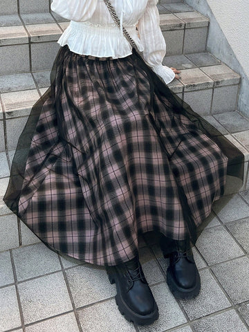 FRIFUL Women's Mesh Patchwork Minimalist A-Line Skirt, Casual Daily Wear FRIFUL Women's Mesh Patchwork Minimalist A-Line Skirt, Casual Daily Wear
