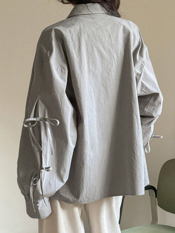 FRIFUL Women's Oversized Bow Tie Wrap Around Long Sleeve Casual Blouse FRIFUL Women's Oversized Bow Tie Wrap Around Long Sleeve Casual Blouse