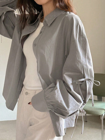 FRIFUL Women's Oversized Bow Tie Wrap Around Long Sleeve Casual Blouse FRIFUL Women's Oversized Bow Tie Wrap Around Long Sleeve Casual Blouse