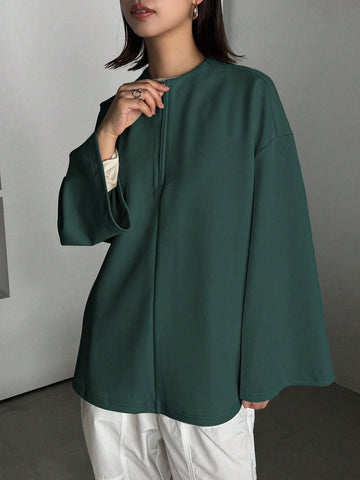 Women's Solid Color Loose Batwing Long Sleeve Zipper Cowl Neck Casual T-Shirt, Spring And Autumn Women's Solid Color Loose Batwing Long Sleeve Zipper Cowl Neck Casual T-Shirt, Spring And Autumn