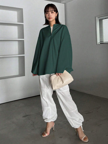 Women's Solid Color Loose Batwing Long Sleeve Zipper Cowl Neck Casual T-Shirt, Spring And Autumn Women's Solid Color Loose Batwing Long Sleeve Zipper Cowl Neck Casual T-Shirt, Spring And Autumn