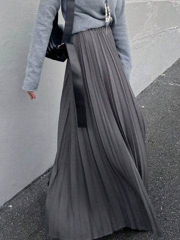 FRIFUL Women's Solid Color Pleated Elastic Waist Long Casual Commute Skirt FRIFUL Women's Solid Color Pleated Elastic Waist Long Casual Commute Skirt