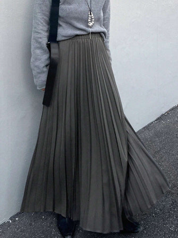 FRIFUL Women's Solid Color Pleated Elastic Waist Long Casual Commute Skirt FRIFUL Women's Solid Color Pleated Elastic Waist Long Casual Commute Skirt