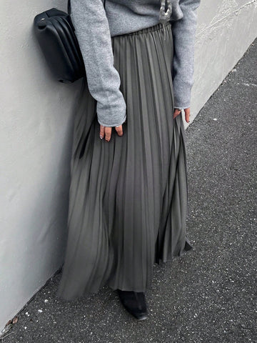 FRIFUL Women's Solid Color Pleated Elastic Waist Long Casual Commute Skirt FRIFUL Women's Solid Color Pleated Elastic Waist Long Casual Commute Skirt